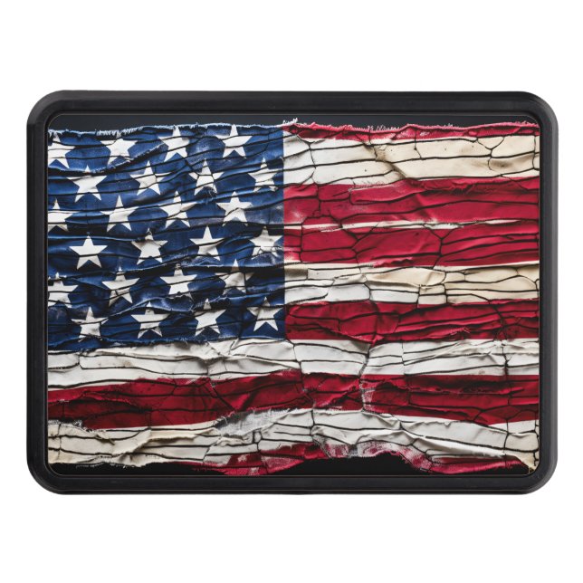 Worn and weathered Patriotic American flag Trailer Hitch Cover (Front)
