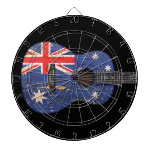 Worn Australian Flag Acoustic Guitar, black Dartboard