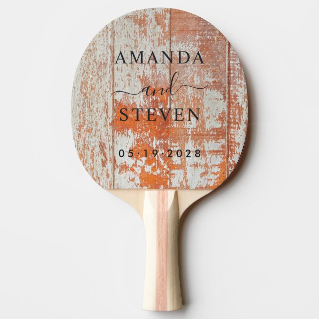 Worn Barn Wood Couple Names with Wedding Date Ping Pong Paddle (Back)