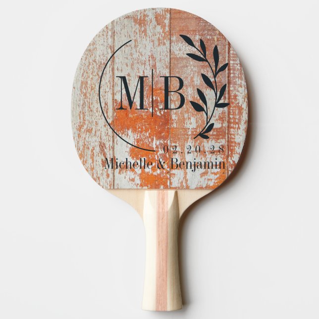 Worn Barn Wood Leaf Wedding Monogram Ping Pong Paddle (Back)