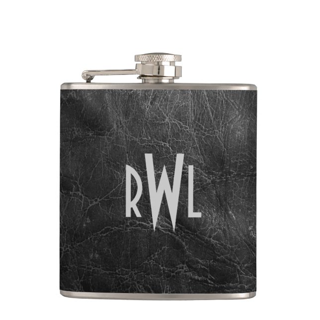 Worn Black Leather Hip Flask (Front)