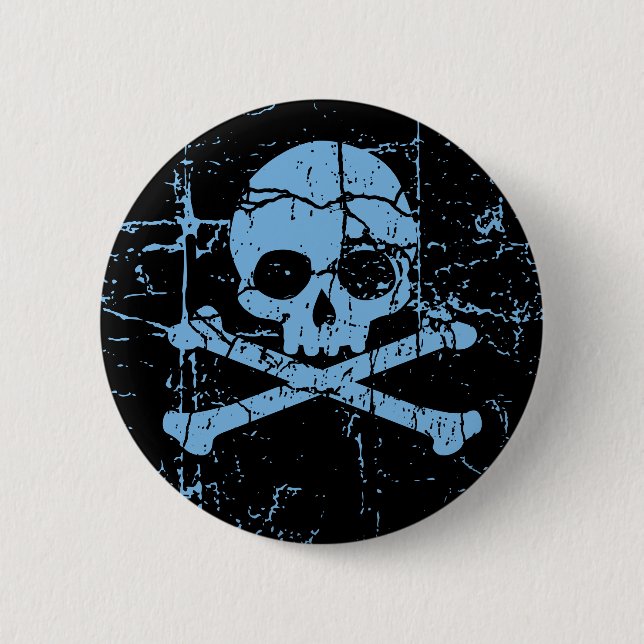Worn Blue Skull and Crossbones 2 Inch Round Button (Front)