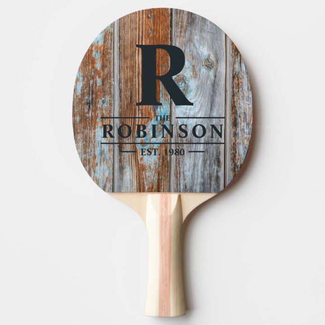 Worn Blue Wash Wood Family Name & Initial Ping Pong Paddle (Front)