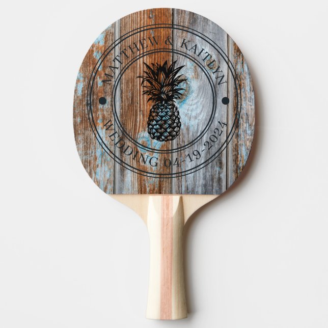 Worn Blue Wash Wood Pineapple Wedding Crest & Name Ping Pong Paddle (Front)