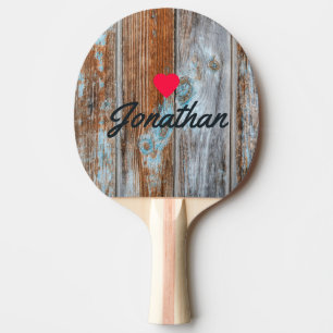 Worn Blue Wash Wood Vintage Heart Signature Ping Pong Paddle