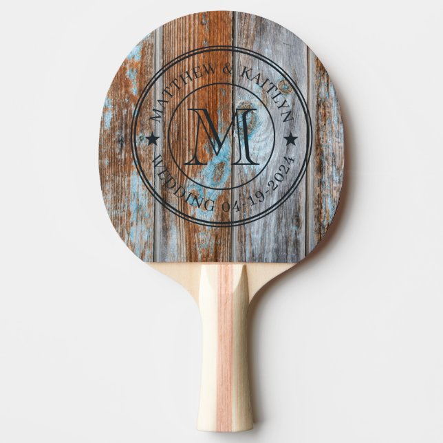 Worn Blue Wash Wood Wedding Monogram Star Ping Pong Paddle (Front)
