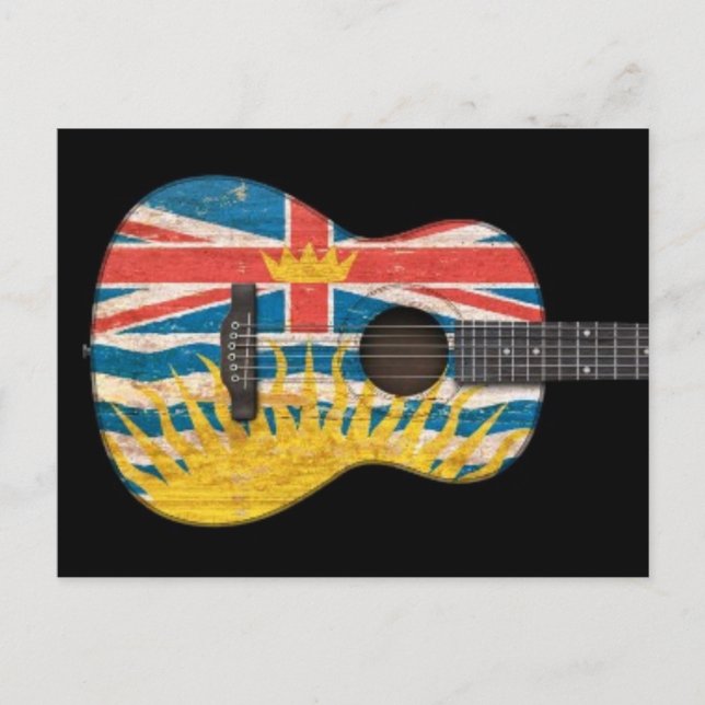 Worn British Columbia Flag Acoustic Guitar, black Postcard (Front)