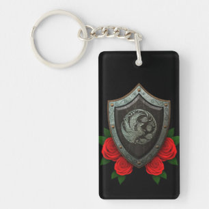 Worn Circular Phoenx Shield with Red Roses Keychain