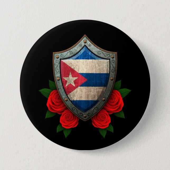 Worn Cuban Flag Shield with Red Roses 3 Inch Round Button (Front)