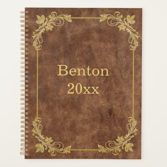 Worn Leather with Gold Frame Planner (Front)