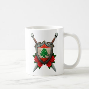 Worn Lebanese Flag Shield and Swords with Roses Coffee Mug
