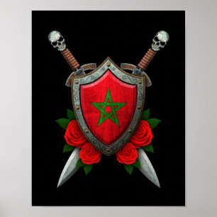 Worn Moroccan Flag Shield and Swords with Roses Poster