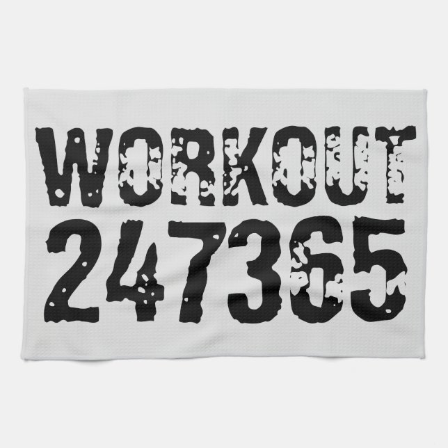 Worn out and scratched text Workout 247365 black Kitchen Towel (Horizontal)