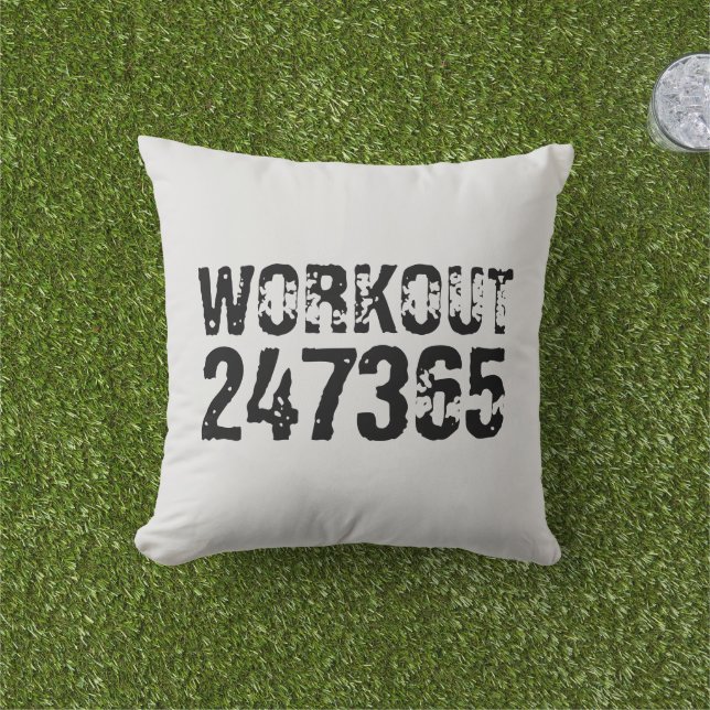 Worn out and scratched text Workout 247365 black Outdoor Pillow (Grass)