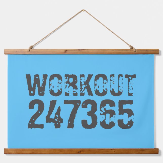 Worn out and scratched text Workout 247365 blue  Hanging Tapestry (Front)