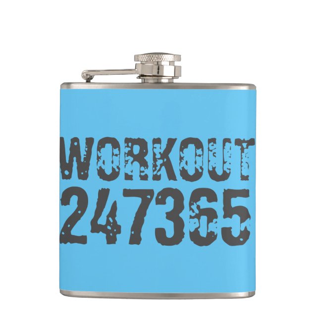 Worn out and scratched text Workout 247365 blue Hip Flask (Front)