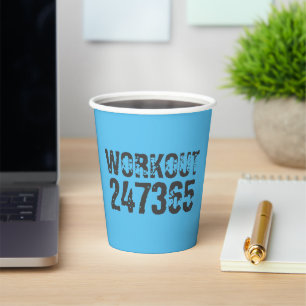 Worn out and scratched text Workout 247365 blue Paper Cups