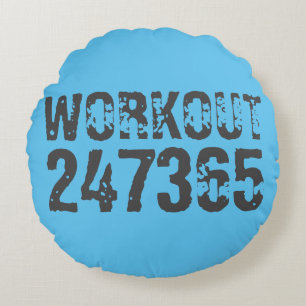 Worn out and scratched text Workout 247365 blue Round Pillow