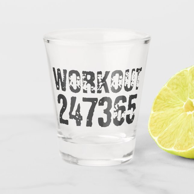 Worn out and scratched text Workout 247365 blue Shot Glass (Front)