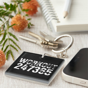 Worn out and scratched text Workout 247365 white Keychain