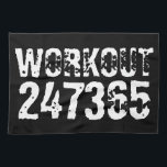 Worn out and scratched text Workout 247365 white Kitchen Towel<br><div class="desc">Worn out and scratched text Workout 247365 in white colour with black background. Perfect for anyone who is lifting,  fitness,  training,  bodybuilding and going to the gym.</div>