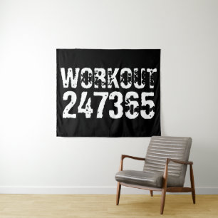 Worn out and scratched text Workout 247365 white Tapestry