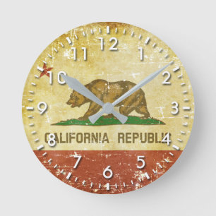 Worn Patriotic California State Flag Round Clock