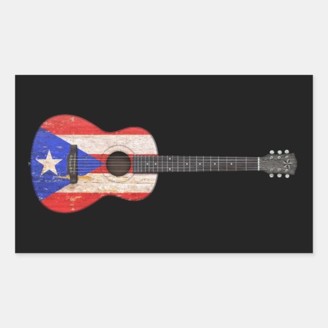 Worn Puerto Rico Flag Acoustic Guitar, black Sticker (Front)