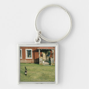 Worn red house with a cat on the lawn. keychain