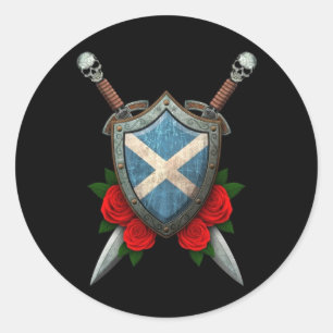 Worn Scottish Flag Shield and Swords with Roses Classic Round Sticker