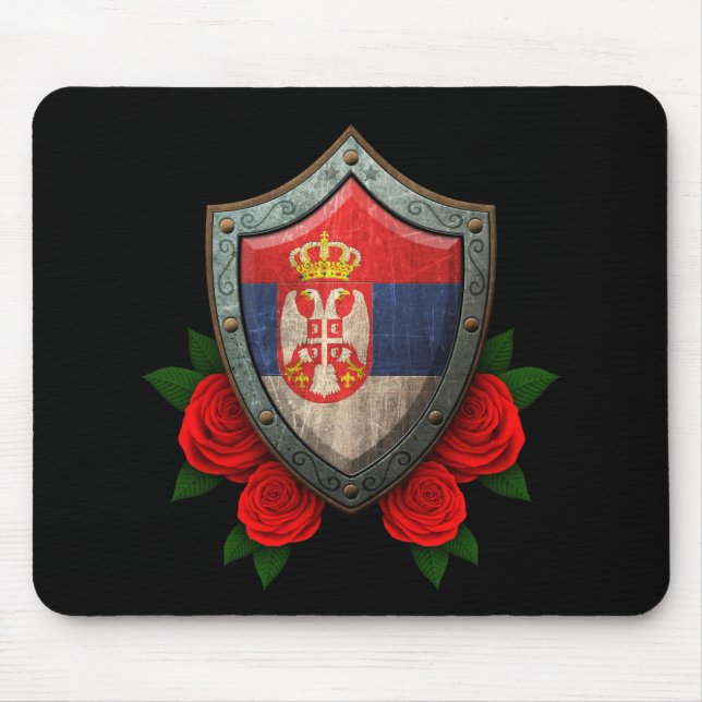 Worn Serbian Flag Shield with Red Roses Mouse Pad (Front)