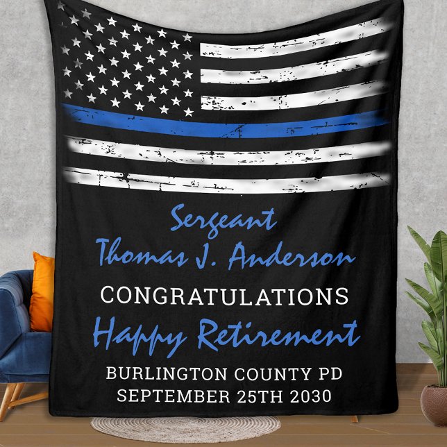 Worn Thin Blue Line Personalized Police Retirement Fleece Blanket (Creator Uploaded)