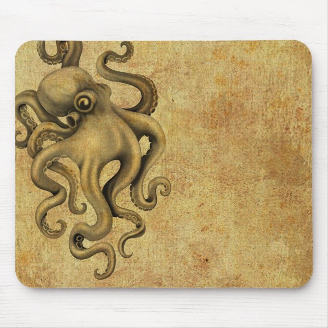 Worn Vintage Octopus Illustration Mouse Pad (Front)