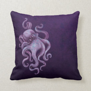 Worn Vintage Octopus Illustration - Purple Throw Pillow