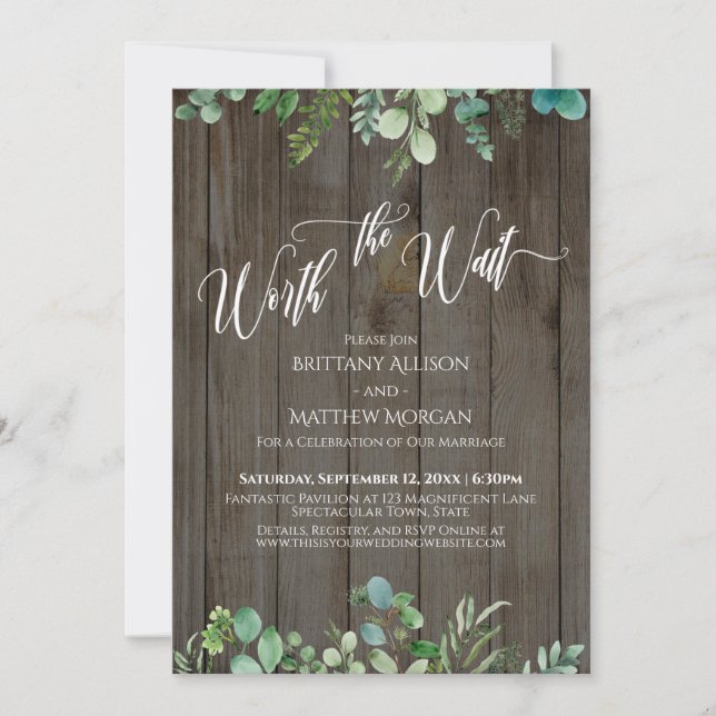 Worth the Wait Eucalyptus Greenery Brown Wood Invitation (Front)