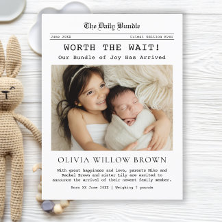 Worth the Wait, Newspaper Birth Announcement  Postcard
