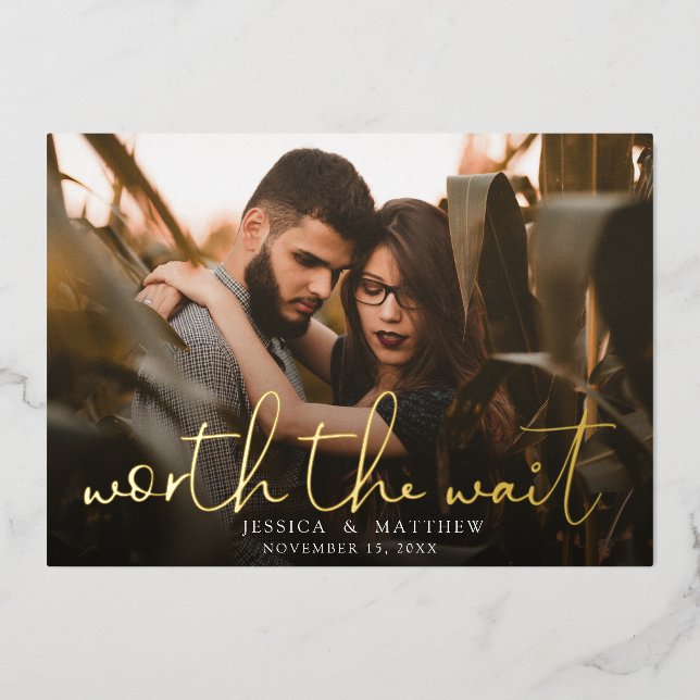 Worth the Wait Wedding Photo Script Save the Date (Front)