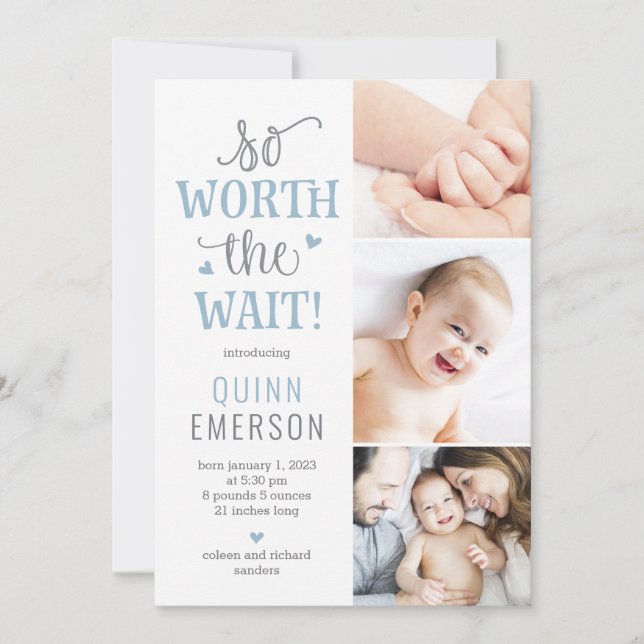 Worth Waiting Baby Photo Birth Announcement (Front)