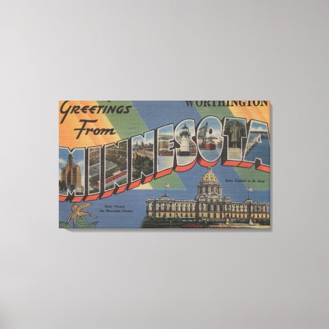 Worthington, Minnesota - Large Letter Scenes Canvas Print (Front)