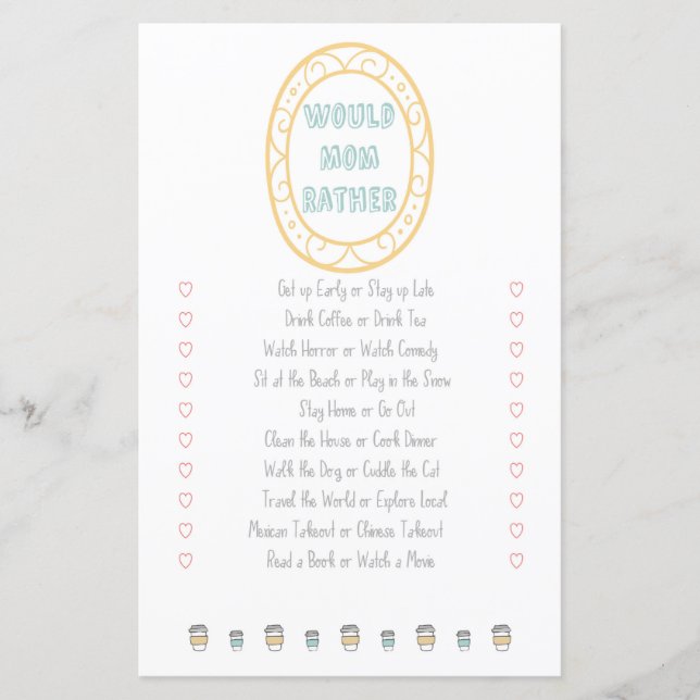 Would Mom Rather Adventure Baby Shower Game (Front)