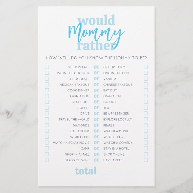 Would Mommy Rather Light Blue Baby Shower Game (Front)