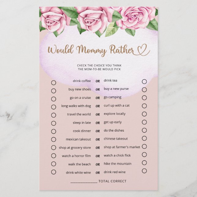 Would Mommy Rather Teddy Bear Girl Baby Shower  (Front)