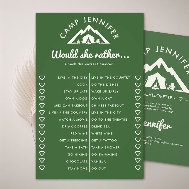 Would Rather Camp Bachelorette Party Game Green Flyer (camp bachelorette party forest green game would she rather)