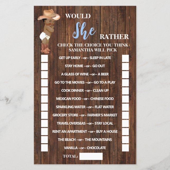 Would She Rather AA Cowboy Baby Shower Game Card (Front)