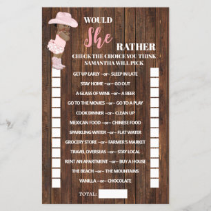 Would She Rather AA Cowgirl Baby Shower Game Card