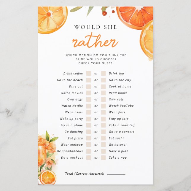Would She Rather Aperol Spritz Bridal Shower Game (Front)
