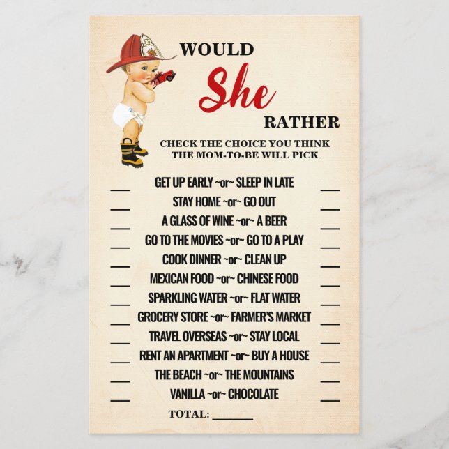 Would She Rather Baby Firefighter Shower Game Card (Front)