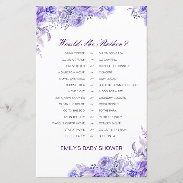 Would She Rather Baby Shower Game PRINTED (Front)