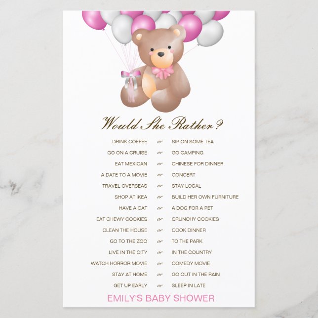 Would She Rather Baby Shower Game PRINTED (Front)