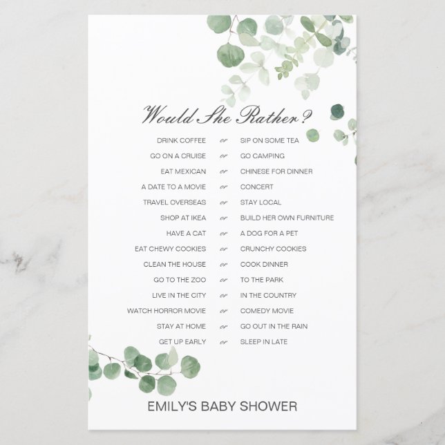 Would She Rather Baby Shower Game PRINTED (Front)